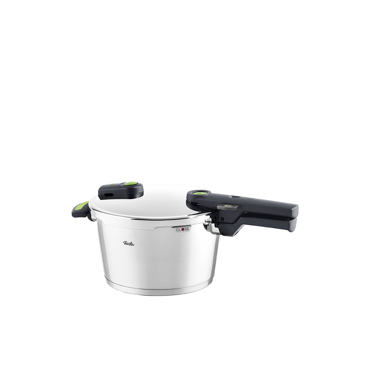 Fissler Vitaquick® Green Pressure Cooker: modern stainless steel pressure cooker with safety features, Made in Germany, on a white background.