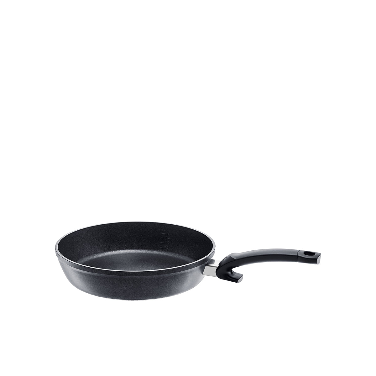 Die Fissler Levital®+ Comfort Frying Pan, black with a long, curved handle, showcases German precision and timeless design on a white background.