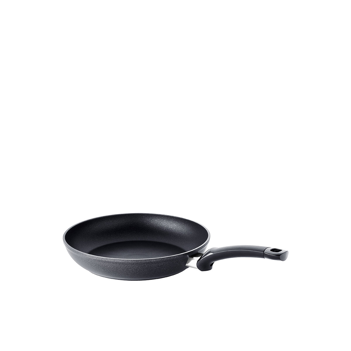 Fissler Levital®+ Classic frying pan made of black, recycled aluminum, modern curved handle, on a white background; quality from German production.