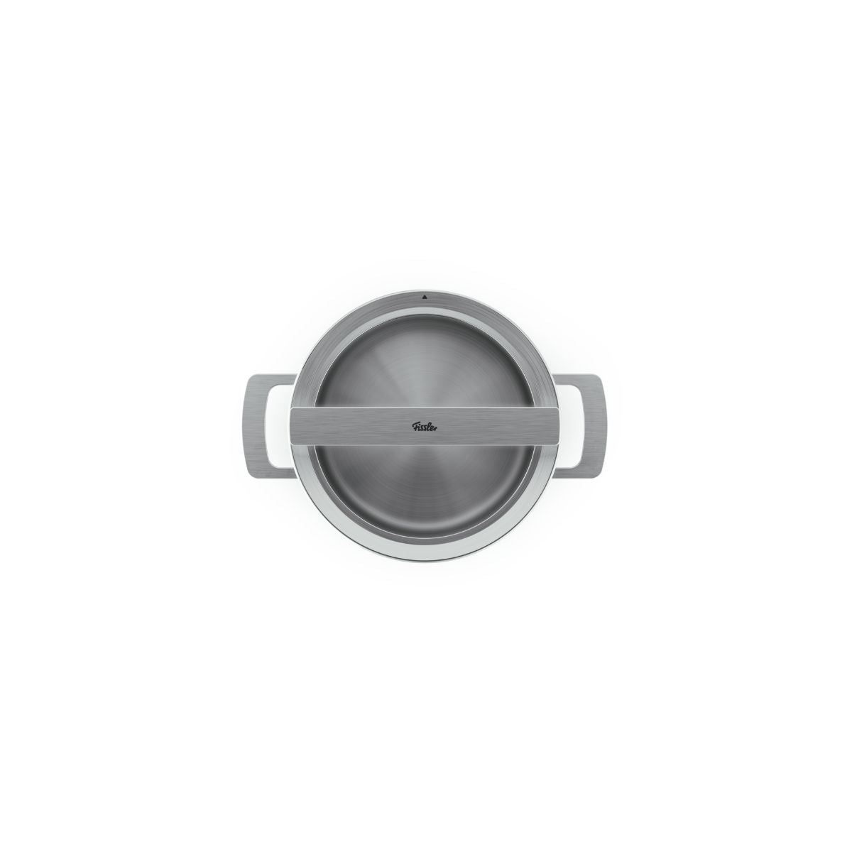 Top view of the Fissler Phi Casserole Pot with Glass Lid and two handles, showing German precision craftsmanship on a white background.