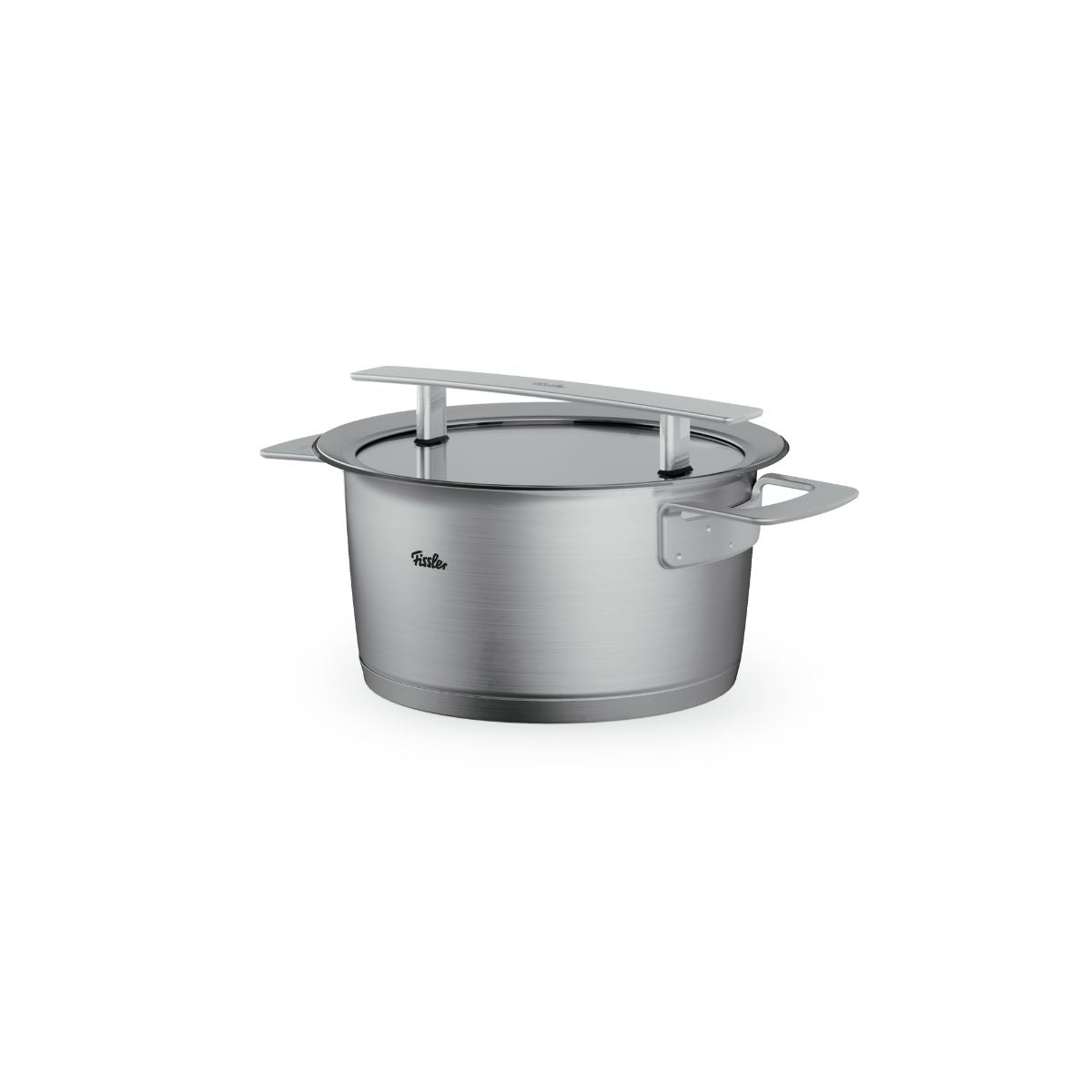 Fissler Phi Collection® 5-Piece Stainless Steel Cookware Set with Lids, German Precision, Durable Design, on White Background.