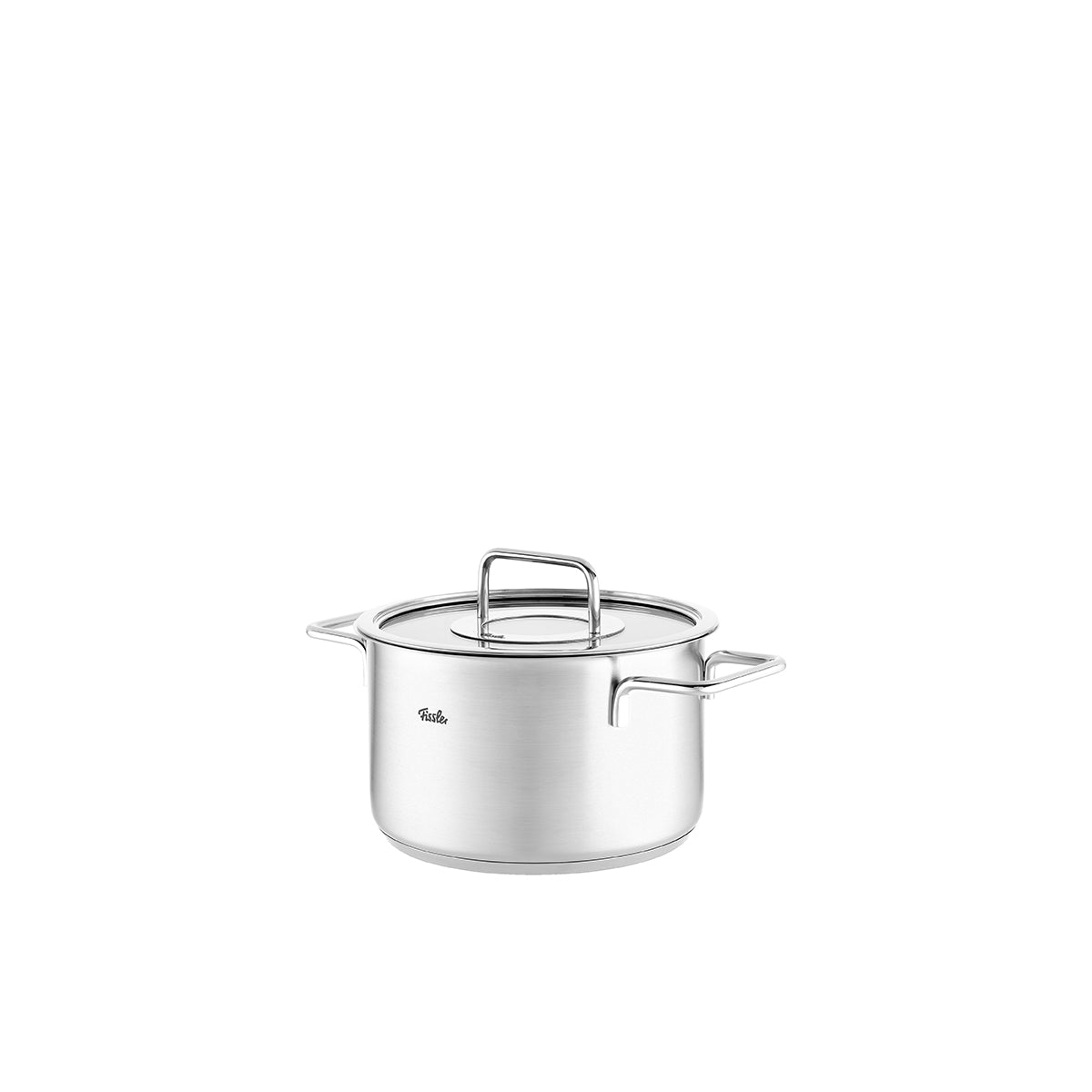 Das Fissler Pure Collection® 4-tlg. Topf-Set aus Edelstahl mit Glasdeckeln, präzise gefertigt in Deutschland, auf weißem Hintergrund.
