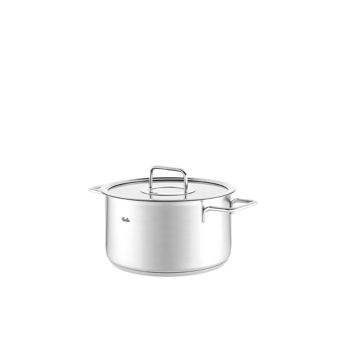 Fissler Pure Collection® 4-tlg. Edelstahl-Topf-Set mit Glasdeckeln, langlebig und präzise gefertigt, auf weißem Hintergrund.