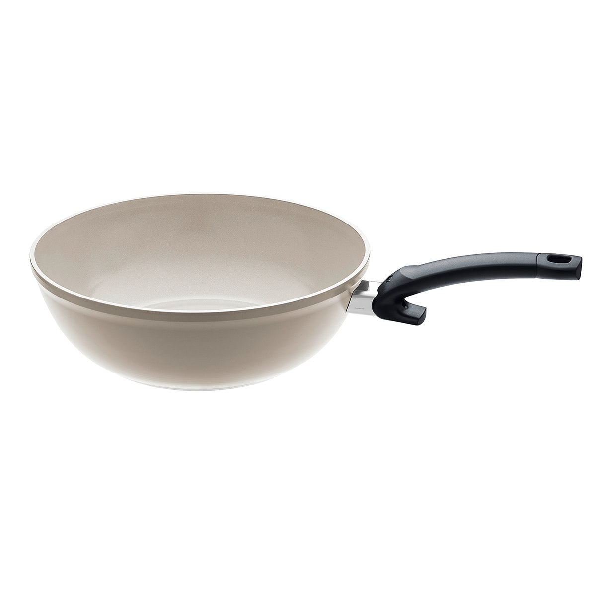 Fissler Ceratal® Wok Frying Pan: beige non-stick pan with rounded base and black handle, PTFE-free Ceramic Coating. Made in Germany.