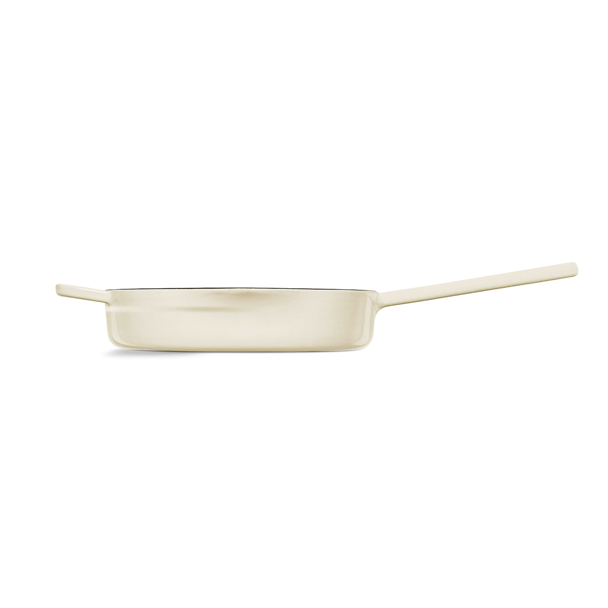 Side view of the beige Fissler Moments cast iron Frying Pan, with long and short handles; modern German design, innovative non-stick effect.