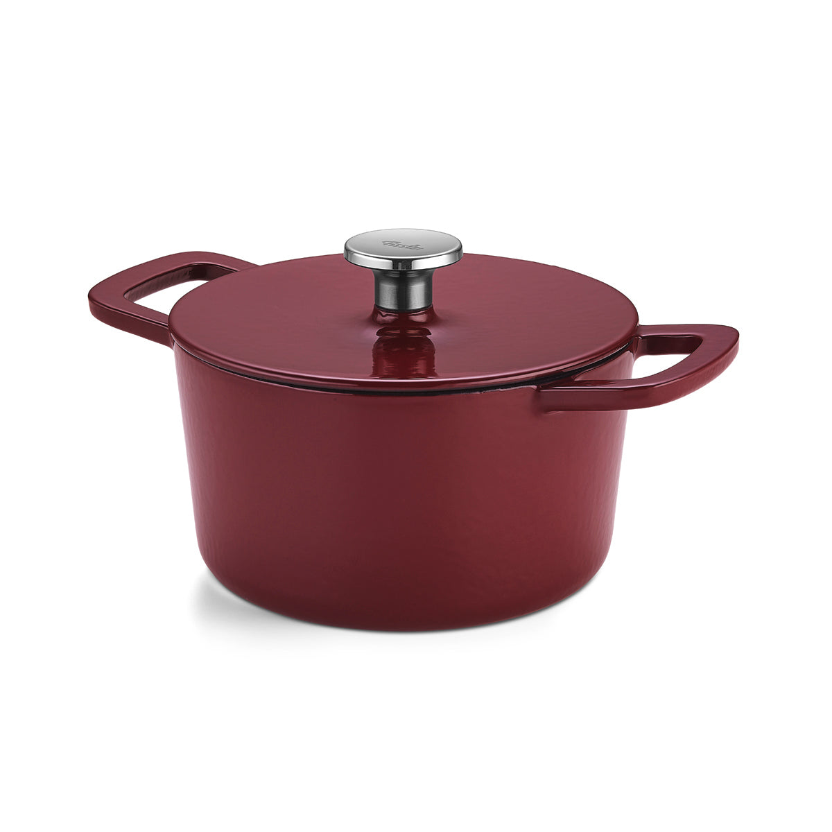 Roter Fissler Moments Collection Dutch Oven aus Gusseisen mit Deckel, silbernem Knauf und seitlichen Griffen; deutsche Präzision für effizientes Kochen.