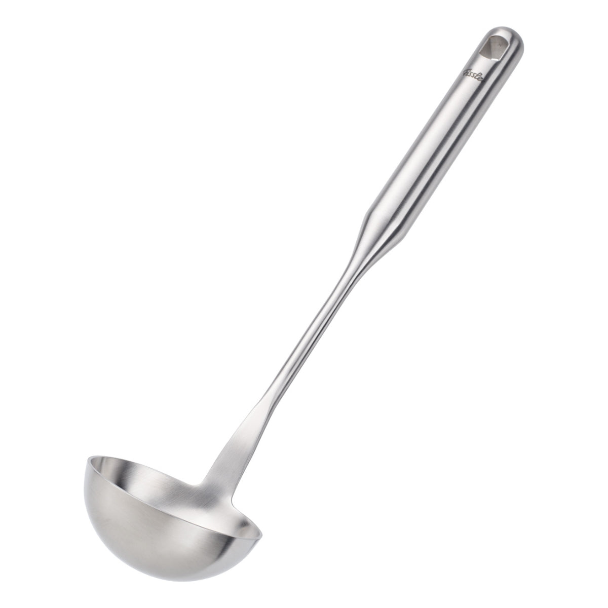 Fissler Essential® stainless steel ladle with deep bowl and slim handle, pictured on a white background.