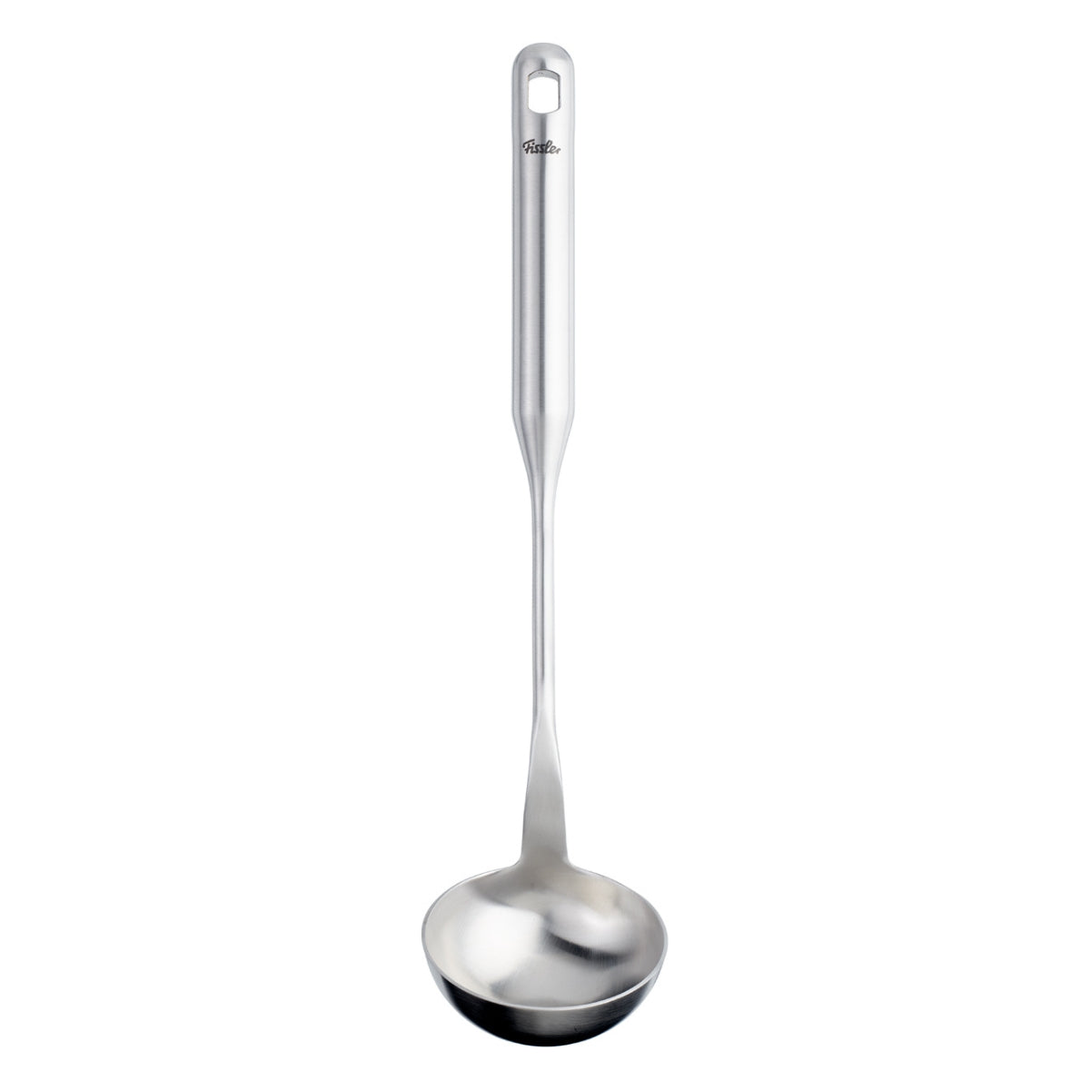 The Fissler Essential® Ladle: Precision-crafted stainless steel, ergonomically shaped handle with hanging hole. Made in Germany.
