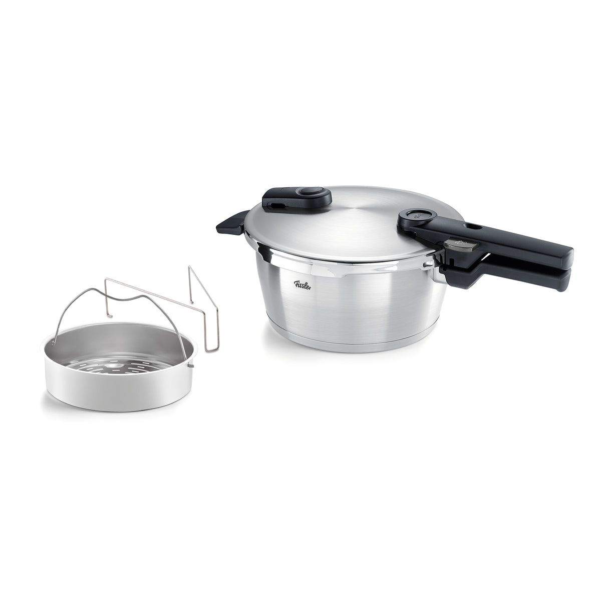 Fissler Vitaquick® Premium stainless steel pressure cooker with black handle and steamer insert, precision-made in Germany.