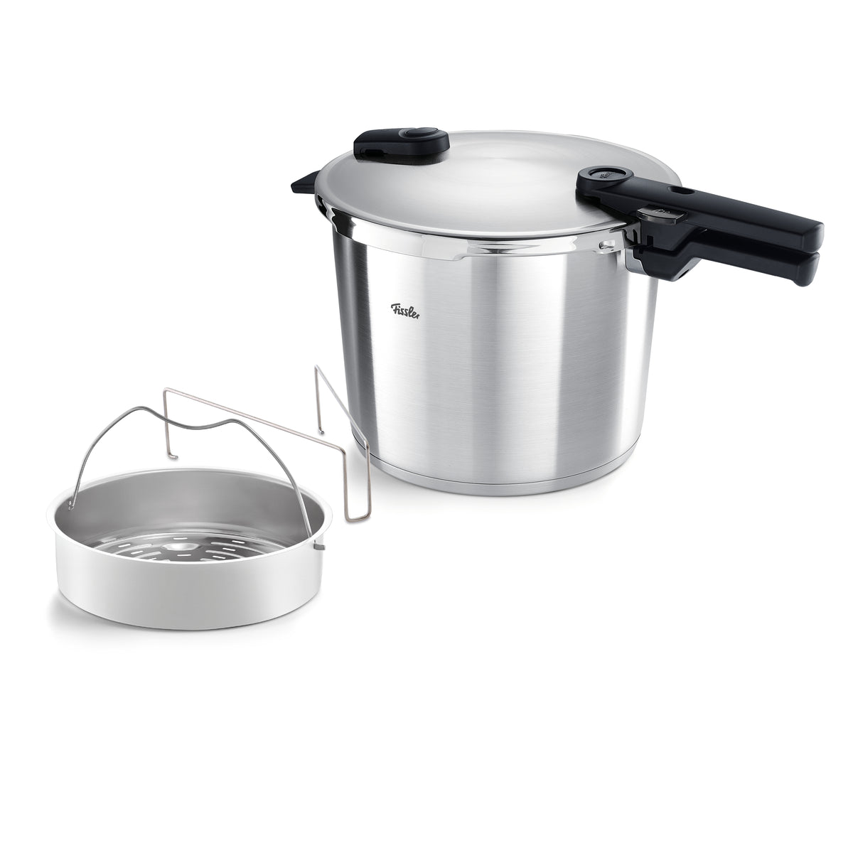 Fissler Vitaquick® Premium Pressure Cooker with Steamer Insert and Insert, Stainless Steel, Black Handle - Precise, Modern Design.