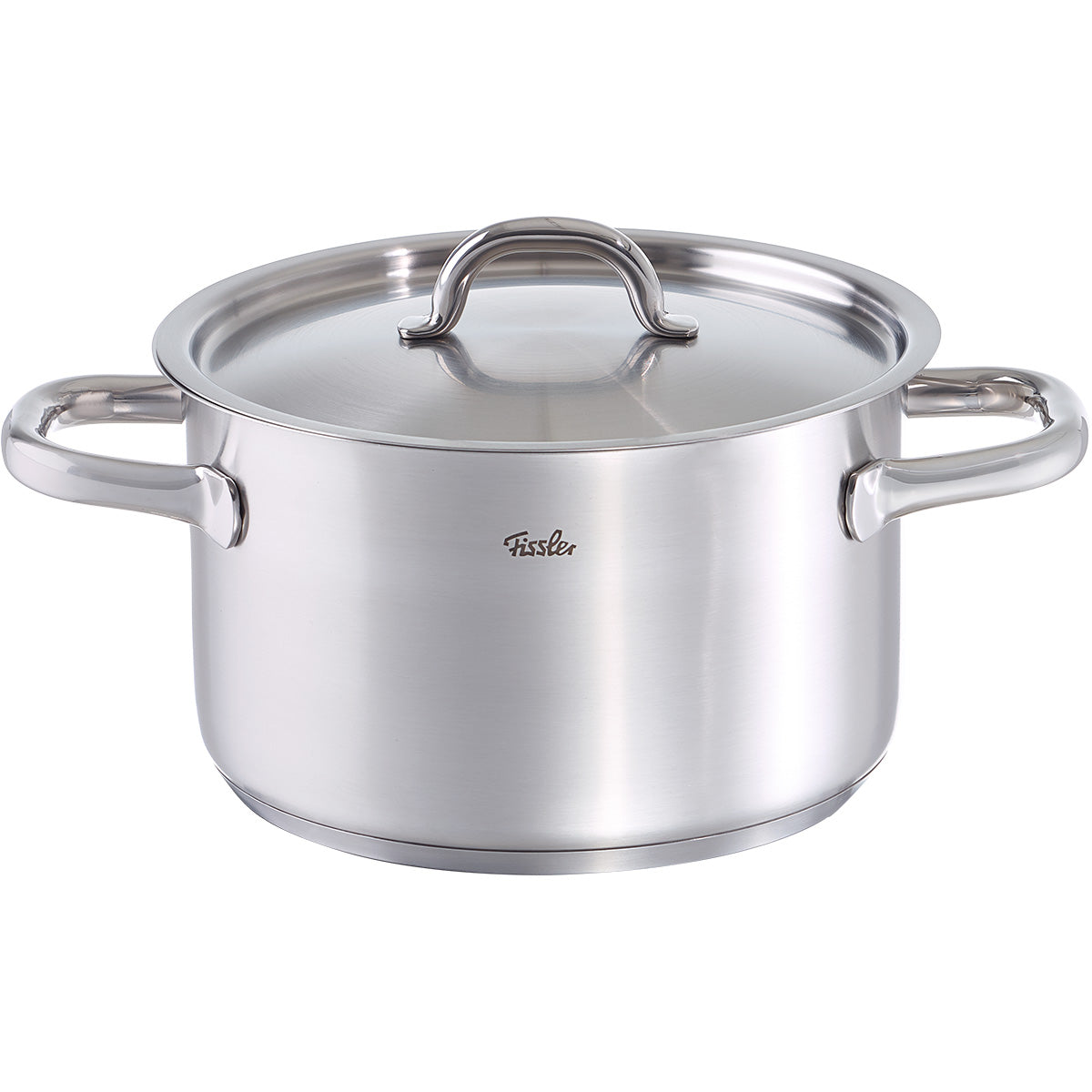 Fissler Family Line Cooking Pot: high-quality stainless steel pot, modern design, two handles, matching Lid, suitable for induction - Made in Germany.