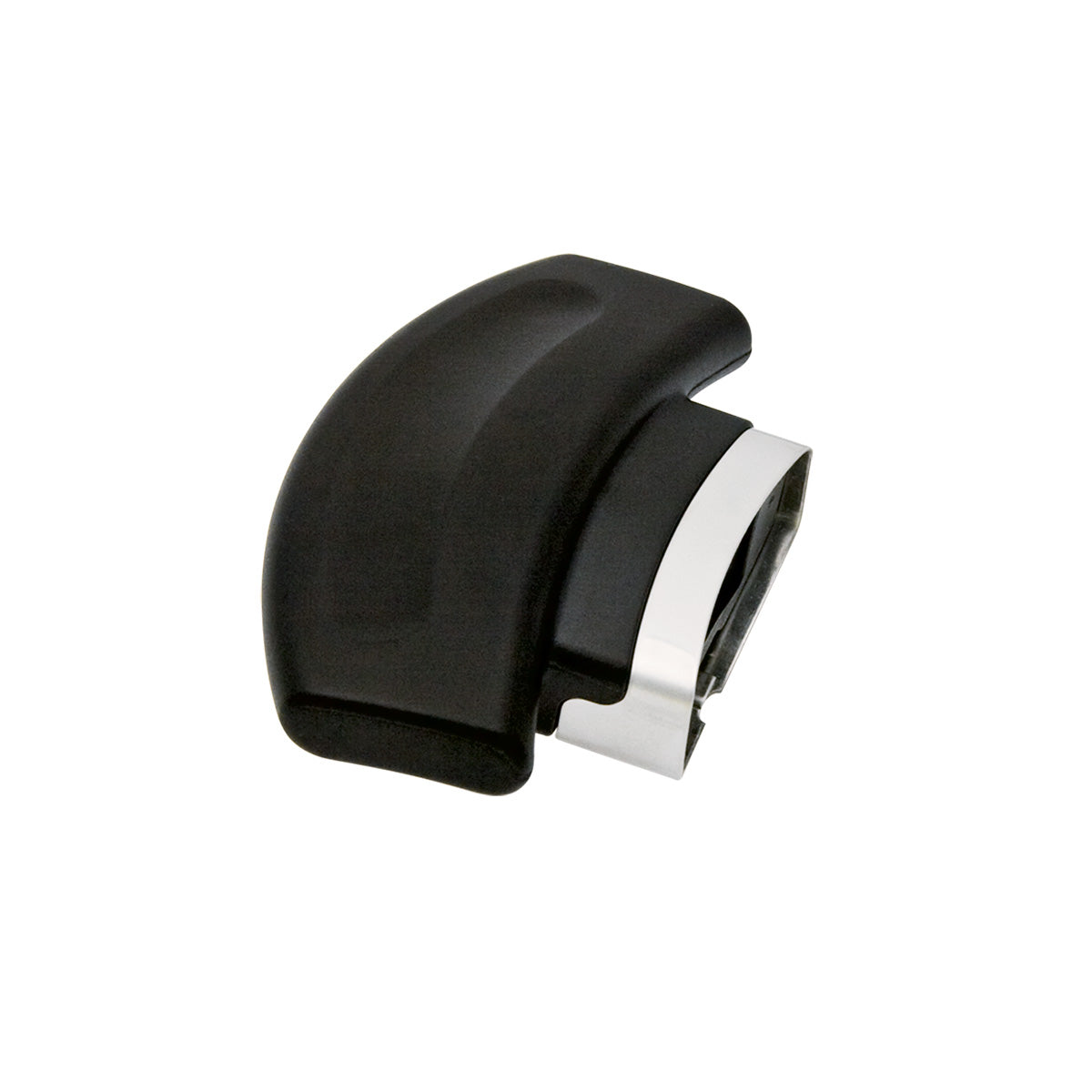 Gebogene Griffklammer aus schwarzem Kunststoff und Metall Fissler Vitavit® Edition mit silbernem Band für Schnellkochtopf 26 cm, auf weißem Hintergrund.