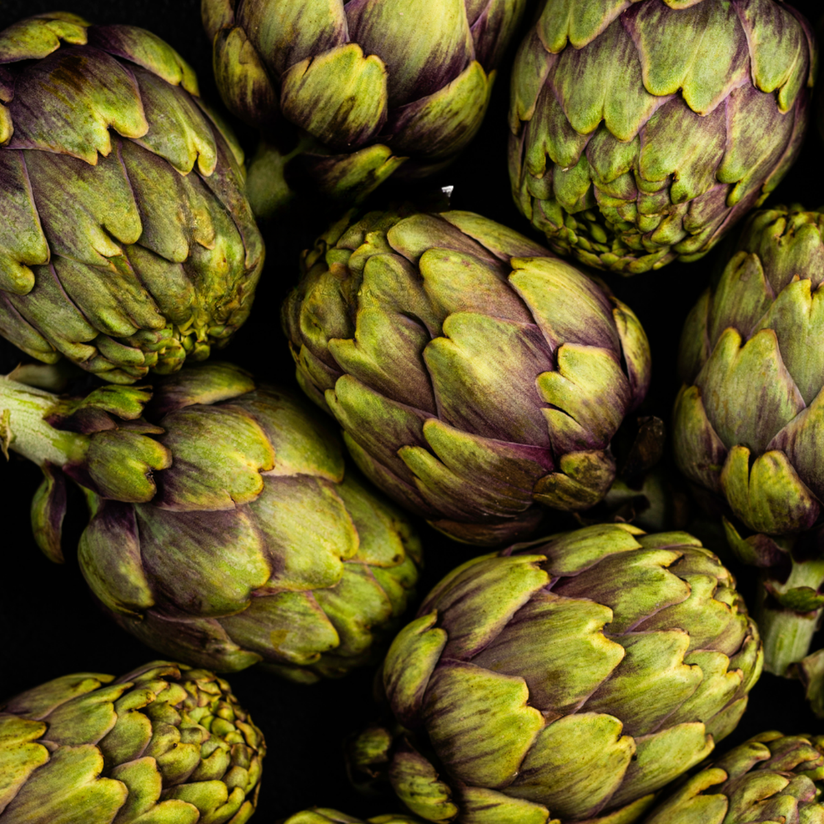 Fresh artichokes with green and purple hues arranged in a Fissler stainless steel pan against a dark background.