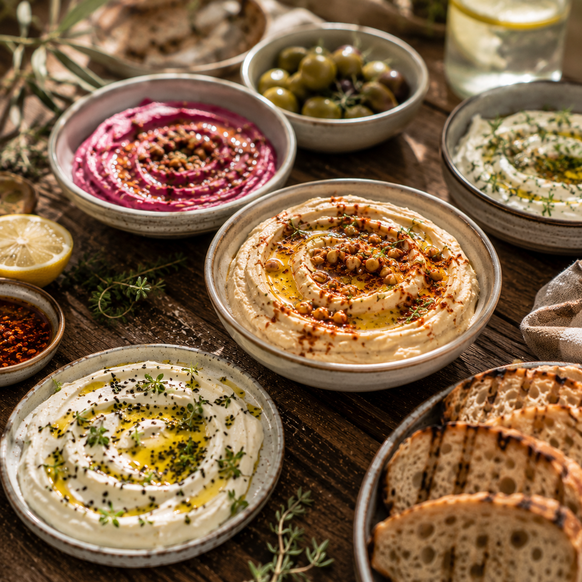 A rustic table set for sharing, showcasing bowls of hummus, beet dip, olives, and labneh artfully garnished with fresh herbs and spices. Lemon wedges, bread slices, and a glass of water with lemon complete the inviting spread atop sunlit wooden boards. Premium stainless steel Fissler cookware brings German craftsmanship to the preparation—timeless design and precision engineering turning every detail into a celebration of flavour.