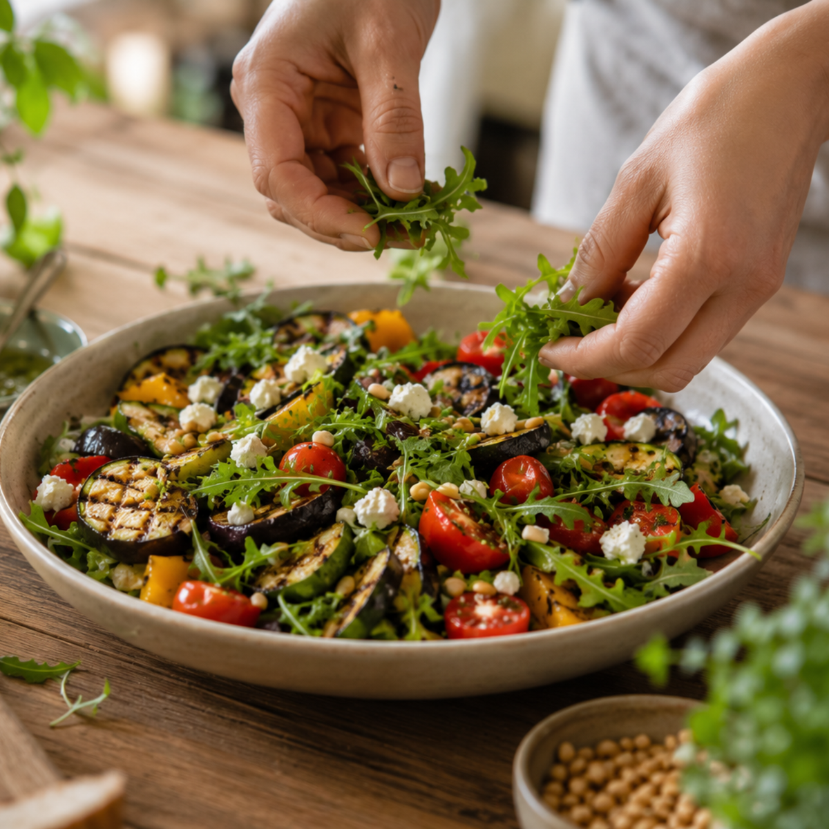 Hands adding fresh arugula to a salad bowl filled with grilled vegetables, cherry tomatoes, and crumbled cheese, all prepared using precision-engineered Fissler cookware on a wooden table for a refined kitchen experience.