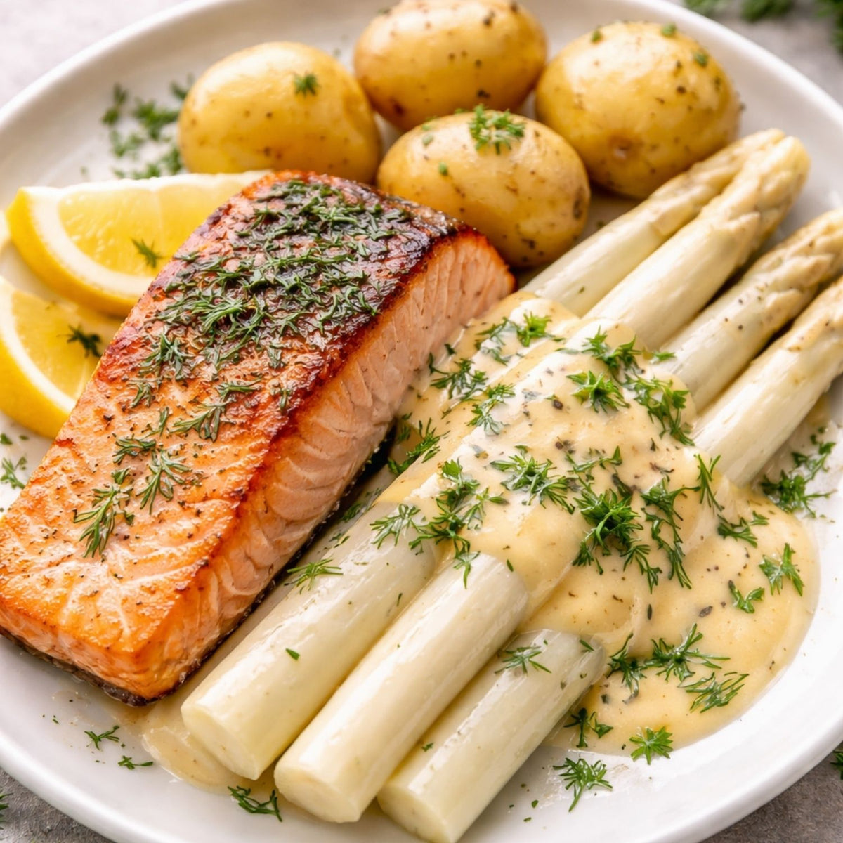 Gegrillter Lachs mit Kräutern, Kartoffeln, Zitronenspalten und weißem Spargel in Sahnesoße - zubereitet im hochwertigen Fissler-Kochgeschirr.