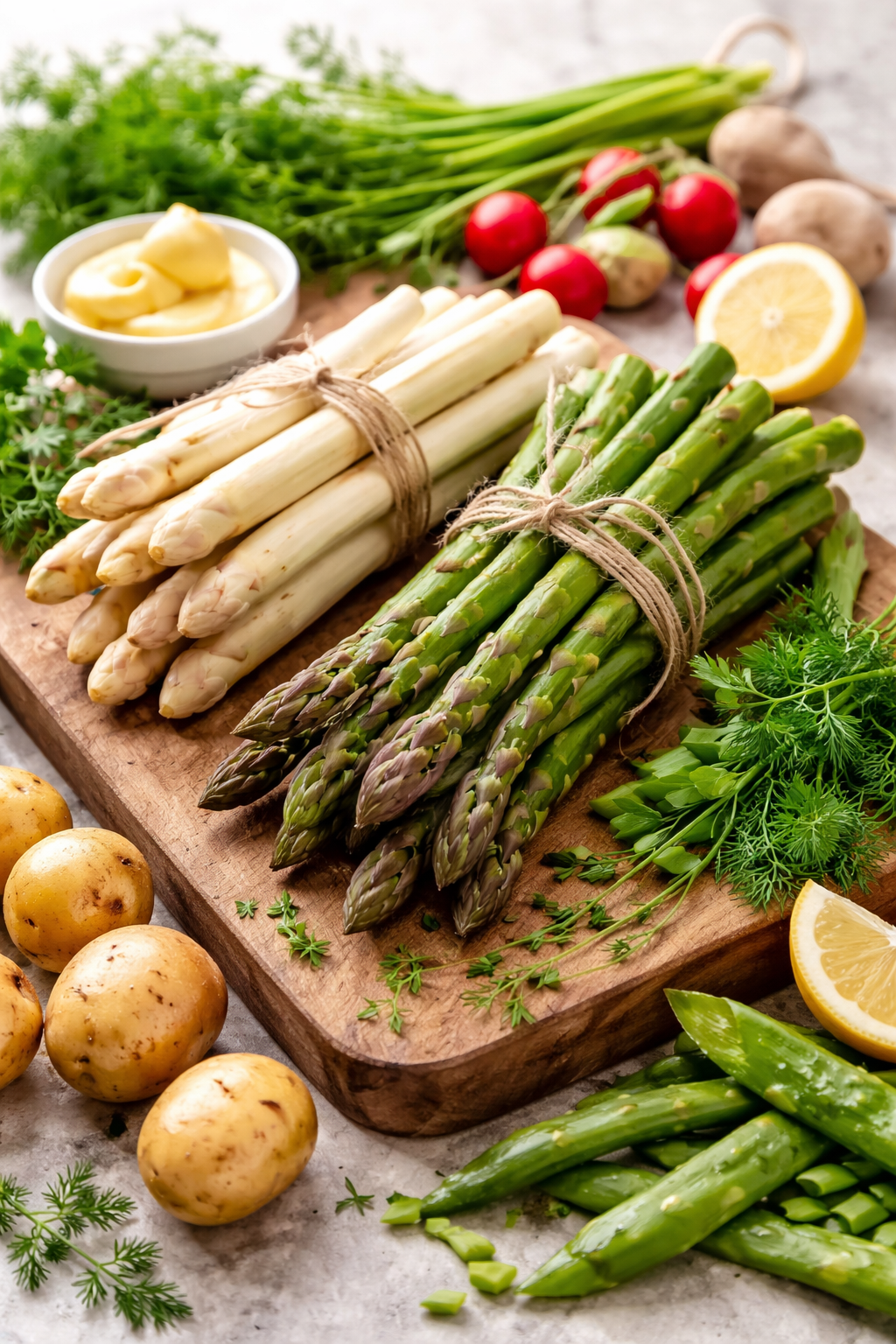 Frischer weißer und grüner Spargel auf einem Holzbrett, mit Kartoffeln, Radieschen, Erbsen, Zitrone, Kräutern und Butter - perfekt für Fissler-Kochgeschirr.