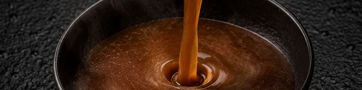 A stream of rich brown broth, simmered to perfection in a Fissler stainless steel pot, is poured into a sleek black bowl, creating elegant ripples and sending up delicate wisps of steam—a reflection of precision German engineering and timeless design.