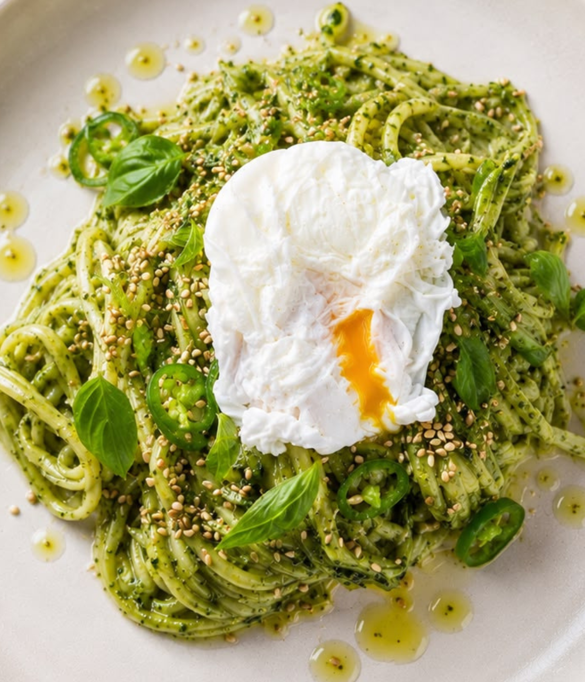 Elegant spaghetti with vibrant green pesto sauce, arranged with sliced green peppers, sprinkled sesame seeds, and fresh basil leaves. A perfectly poached egg rests on top, finished with a delicate drizzle of olive oil—all beautifully presented on a white plate. Crafted using precision-engineered Fissler cookware for flawless results and enduring quality.