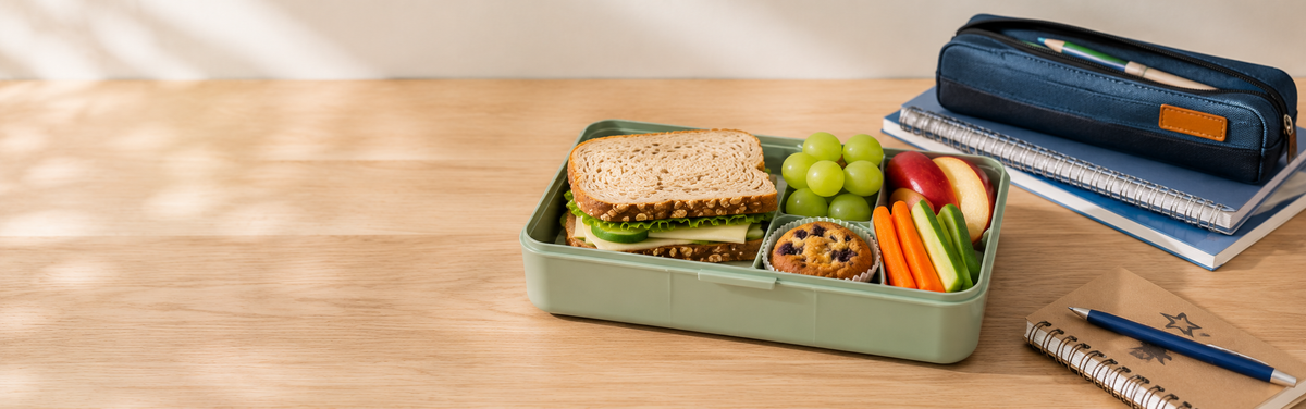 A meticulously arranged lunchbox featuring a fresh sandwich, green grapes, carrot and celery sticks, and a blueberry muffin sits elegantly beside notebooks, a pen, and a blue pencil case on a wooden table—an inviting presentation that reflects Fissler’s commitment to quality craftsmanship and timeless design.