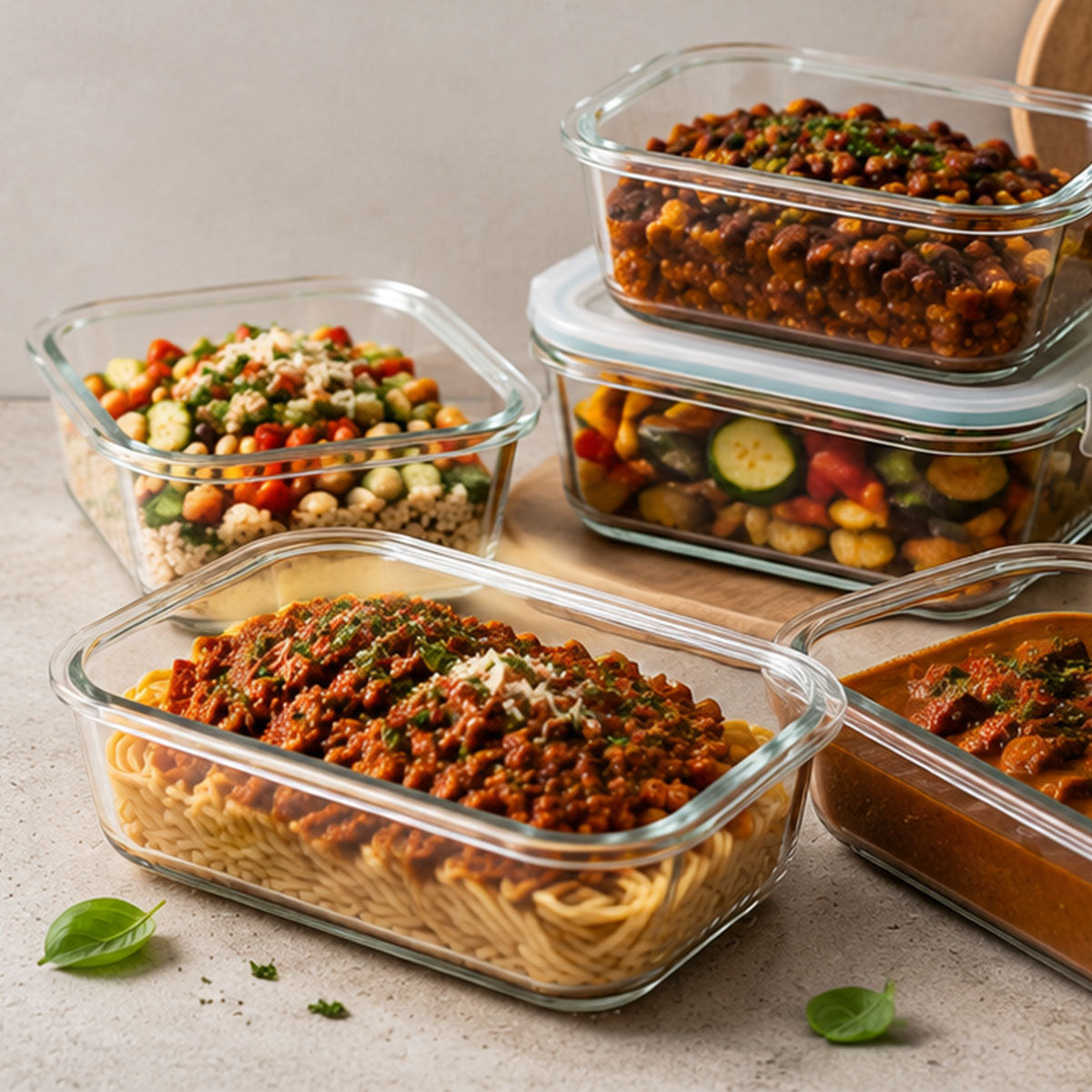 Fissler glass meal prep containers showcasing deliciously prepared spaghetti with sauce, vibrant mixed vegetables, chickpea salad, and hearty vegetable stew, all artfully arranged on a light countertop—a testament to precision engineering and timeless design made in Germany.