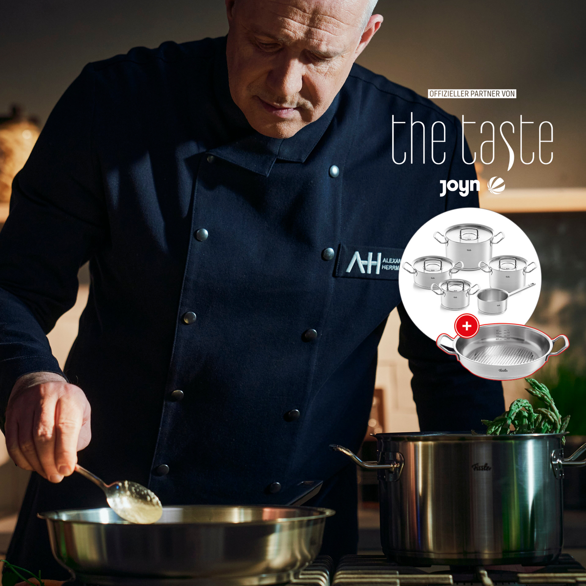 A chef stirs food in a Fissler stainless steel pot on the stove, with "the taste", the Joyn logos, and cookware including a sieve.