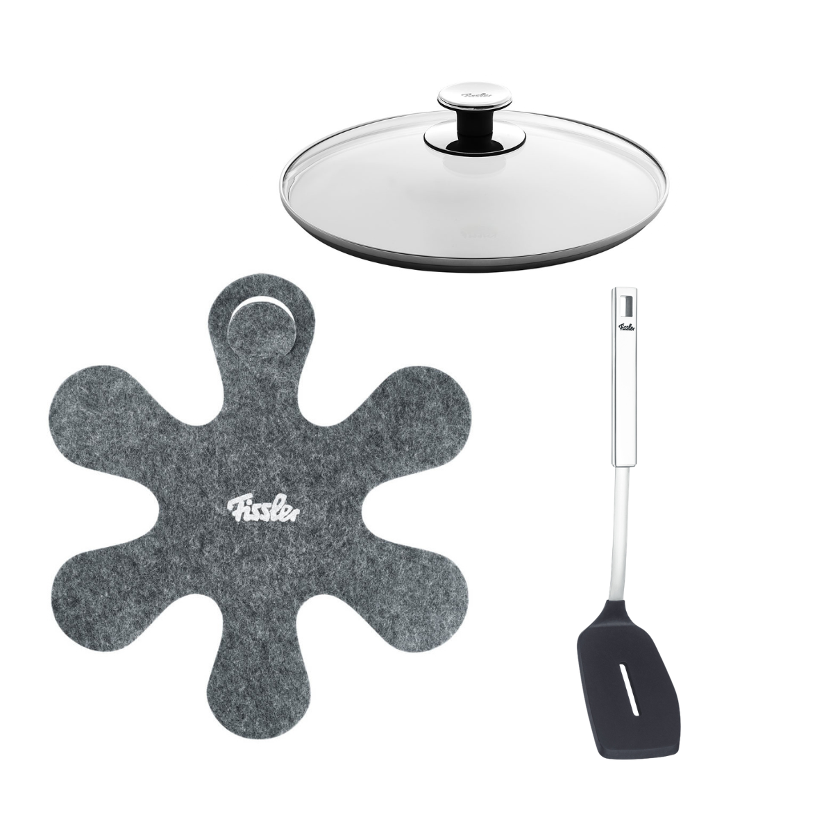 Das 3-teilige Kochgeschirr-Zubehörset von Fissler, bestehend aus einem präzisionsgefertigten Glasdeckel, einem strapazierfähigen grauen Filz-Pfannenschutz und einem hochwertigen Fissler-Wender aus Edelstahl.