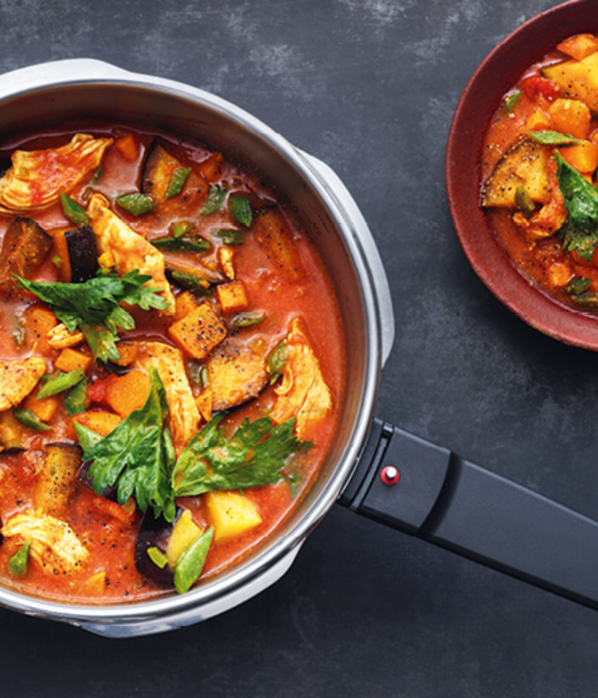 A Fissler stainless steel pot filled with colorful vegetable stew, next to a bowl of the dish, on a dark surface.