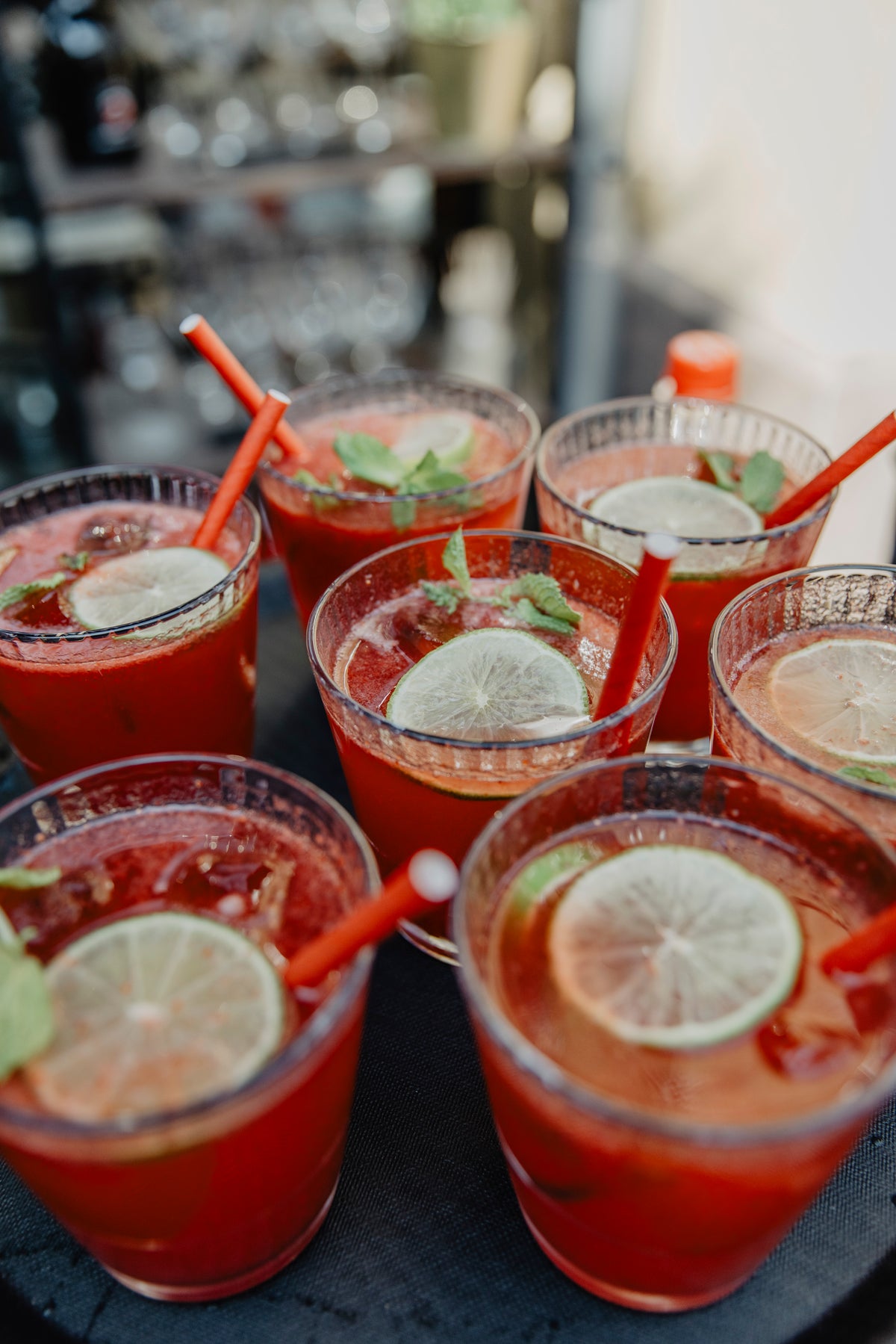 Seven glasses filled with a vibrant red beverage, each elegantly garnished with lime slices and fresh mint leaves, stand arranged on a dark surface. Presented with precision and attention to detail, the scene reflects Fissler’s commitment to exceptional quality. The glasses, accompanied by matching red straws, evoke the timeless design and engineered excellence that define Fissler kitchenware.