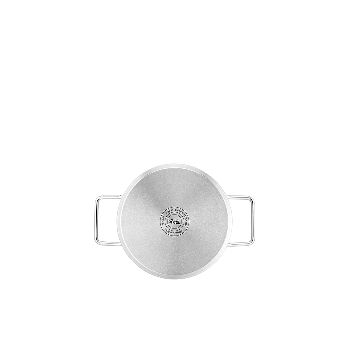 Draufsicht auf das 4-teilige Fissler Pure Collection® Topfset mit Glasdeckeln, deutsche Ingenieursqualität auf weißem Hintergrund.